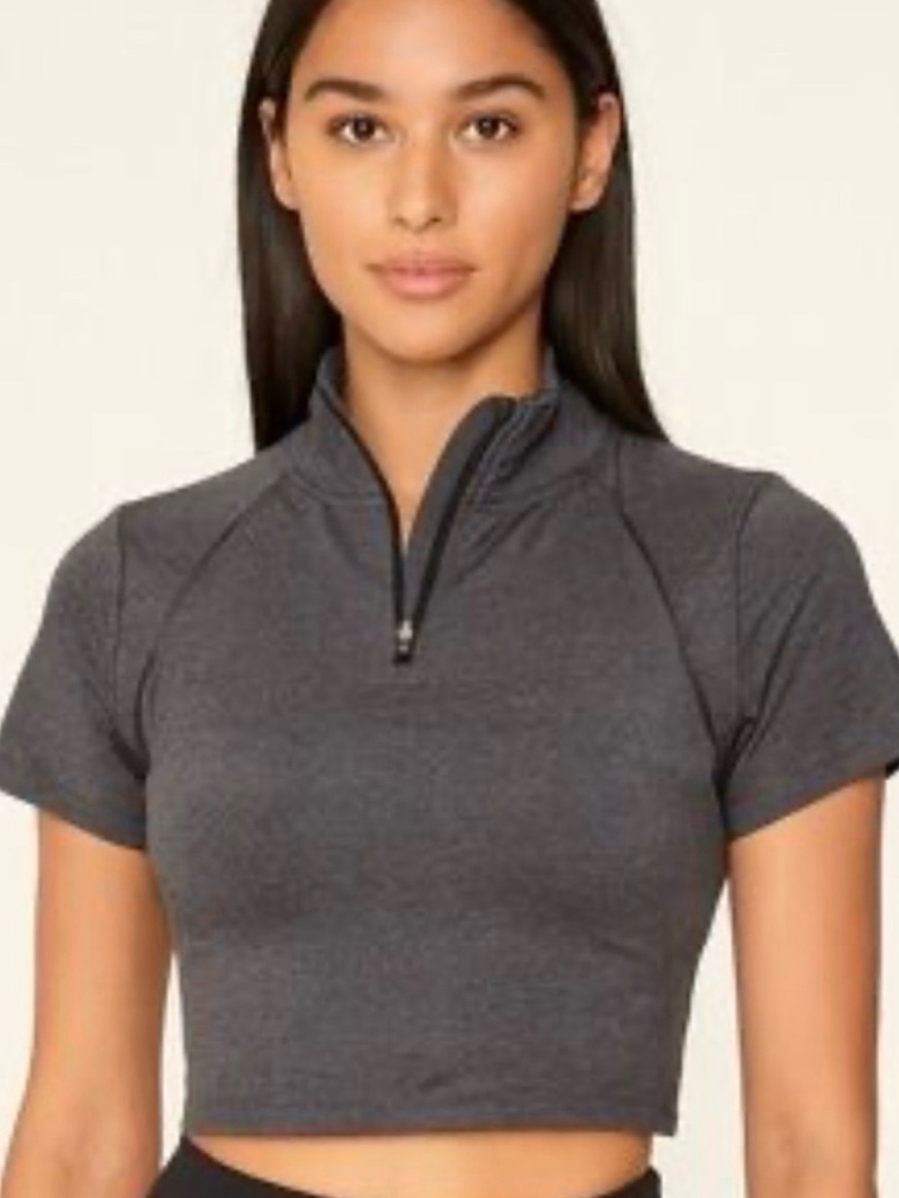 Mono B Charcoal Gray Short-Sleeve Zip Crop Top